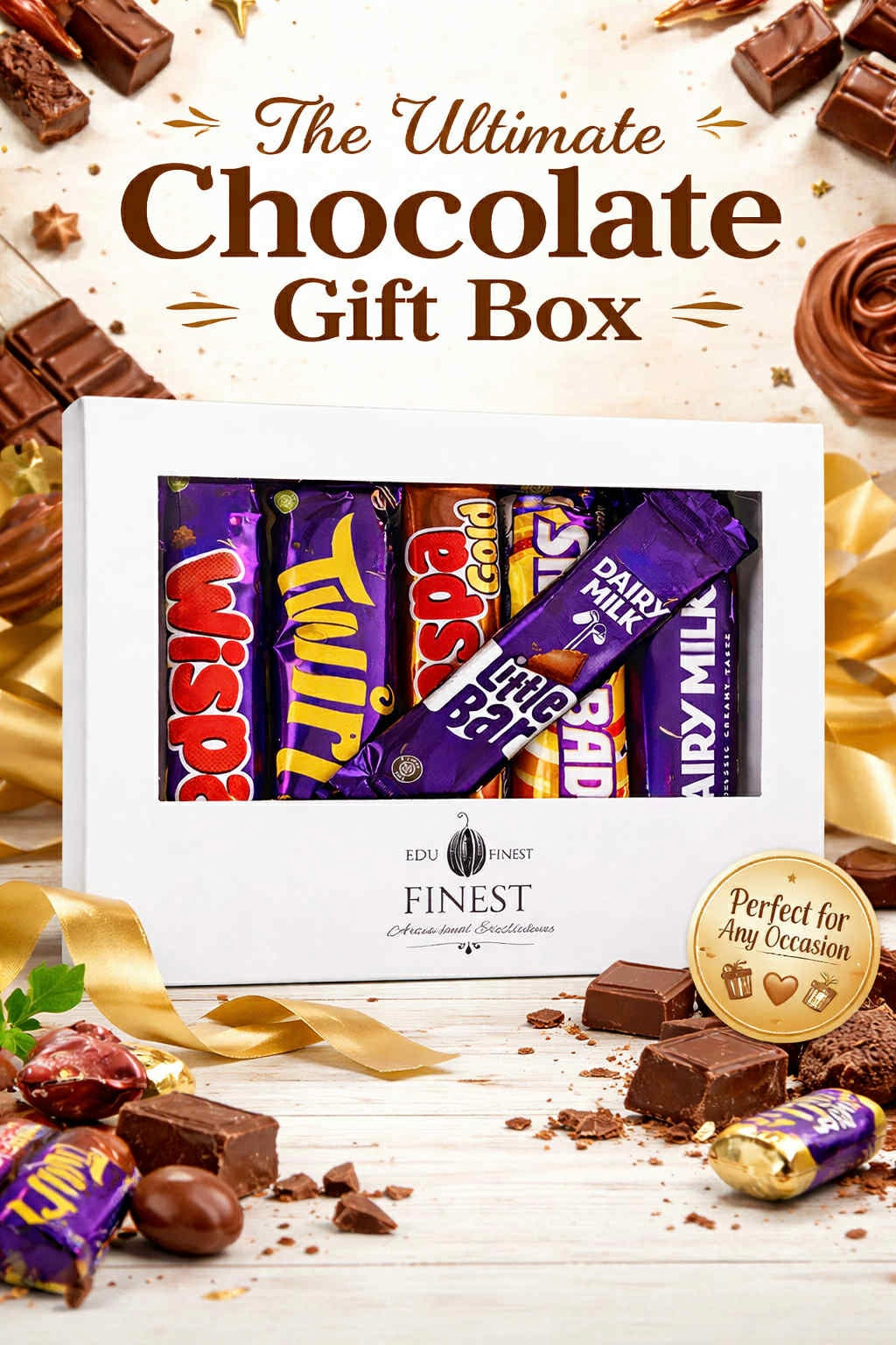 EDU Finest Chocolate Gift Box Assortment – Dairy Milk, Wispa, Twirl, Caramilk & More | British Chocolate Selection | Chocolate Gift for Birthdays, Holidays & Special Occasions